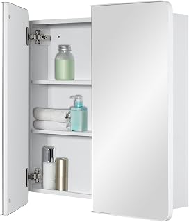 Fundin Badezimmer-Spiegelschrank mit Stauraum - Doppeltüren, Metallrahmen mit runden Ecken, verstellbare Regale, Matt Weiß, Aufputzmontage - 60 x 65 cm
