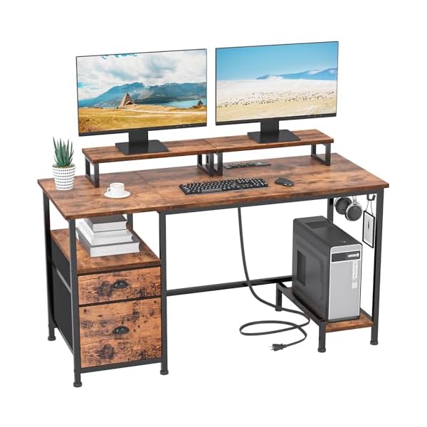 Furologee 47″ Computer Desk with File Cabinet and Power Outlets, Home Office Desk with 2 Monitor Stands and Storage Drawer, Writing Gaming Table with Shelves and 2 Hooks for Bedroom, Rustic Brown