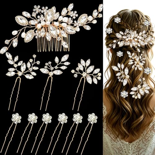10 Pcs Gold Bridal Hair Pins Crystal Pearl Wedding Hair Combs, Rhinestone Hair Clips for Brides, Bridesmaids, Prom