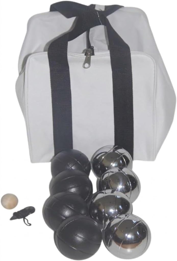 BuyBocceBalls Listing - 73mm Metal Bocce/Petanque Set with 4 Black and 4 Silver Balls and Heavy Duty White Nylon Bag - Single