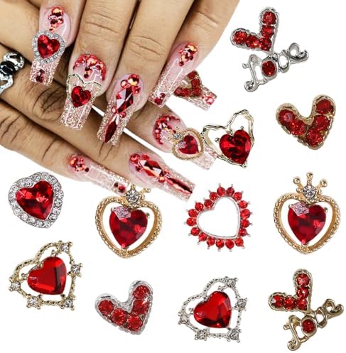 22Pcs Valentines Nail Charms Alloy Heart Nail Art Charms Shiny Re...