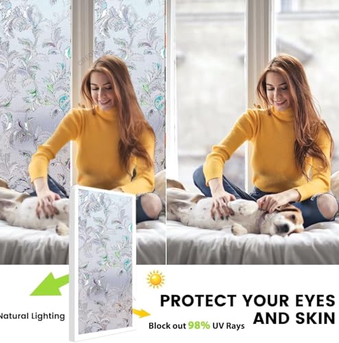 Image of CREON Window Film Decorative Leaves Pattern (12 X 50 Inch) Window Cling Frosted Reusable Anti-UV Non-Adhesive Static Cling Privacy Film for Home Office