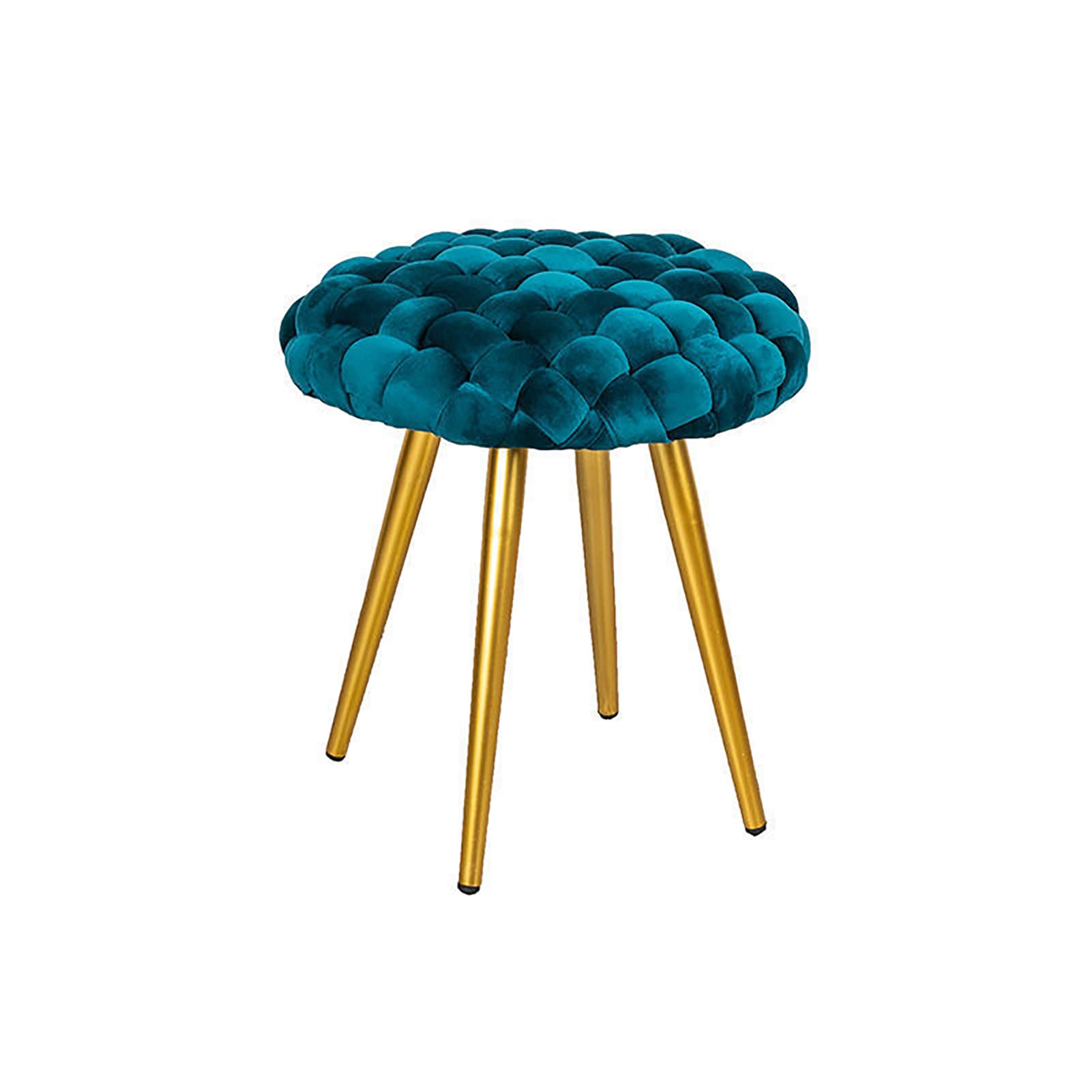 footstool,Modern Velvet Round Ottoman Stool, Braided Woven Upholstered Foot Stool/Footrest with Gold Metal Legs, Vanity Stool Ottoman Makeup Chairs Footrest for Living Room,Green,B Ful