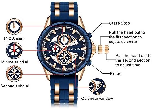 BOFUTE Men's Chronograph Luminous Military Outdoor Sports Large Quartz Wristwach with Silicone Strap