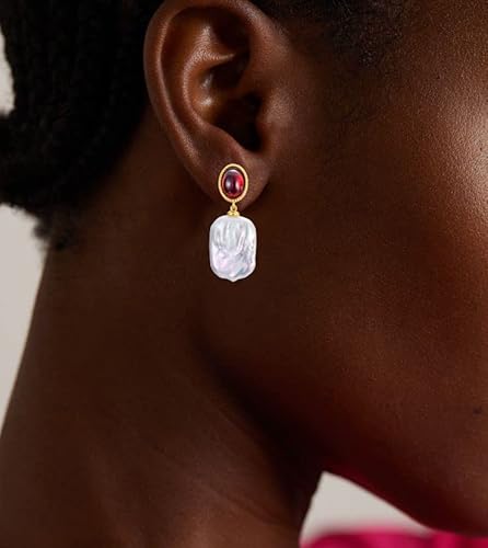 Bethza Garnet Dangle Earrings 12Mm Gold Plated With Natural Pearl 925 Sterling Silver Natural Garnet Stud Earrings Natural Baroque Pearl Earrings For Women Jewelry Gift For Girls Women Wife #TOP3