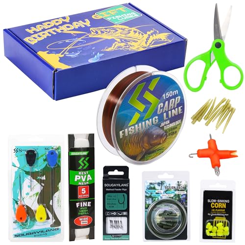 Sougayilang Karpfenangeln, 9-teiliges Werkzeug-Set – PVA-Netz-Nachfülltasche, Knotenzieher, Köderwerkzeuge, Karpfenangeln, drehbare Anti-Verhedderungshülsen, Nylonschnur, Schere