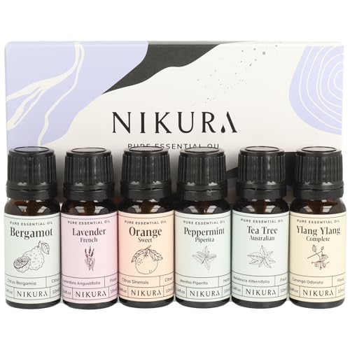 Nikura Best Sellers Essential Oil Gift Set - 6 x 10ml | Essential Oils for Diffusers for Home, Aromatherapy, Sleep, Cleaning, Skin, Spiders | Lavender, Sweet Orange, Peppermint, Tea Tree & Ylang Ylang