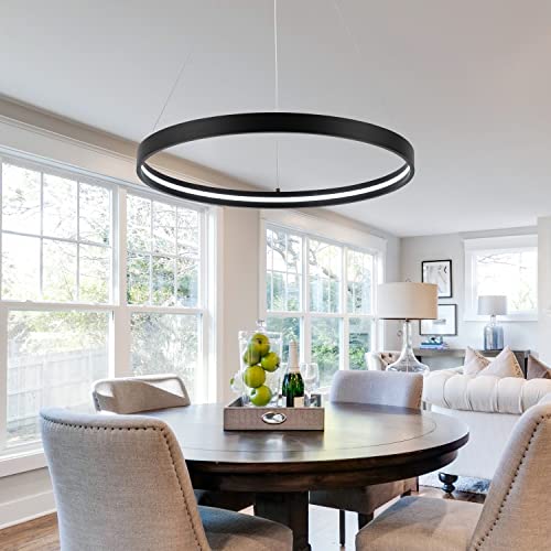 Sunmoo Modern Led Chandeliers Black, Dimmable Contemporary Led Chandeliers 1 Ring, Hanging Led Modern Pendant Light Fixture For Living Room Kitchen Lsland Dining Room Foyer Office Entryway 6000K #TOP1