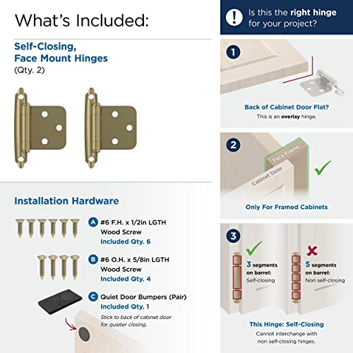 Image of Amerock 1 Pair Variable Overlay Golden Champagne Self-Closing Cabinet Hinge | Steel Face Mount Self-Closing Cabinet Hinges for Face Frame Cabinets; Ideal for Kitchen, Bathroom and Furniture Doors