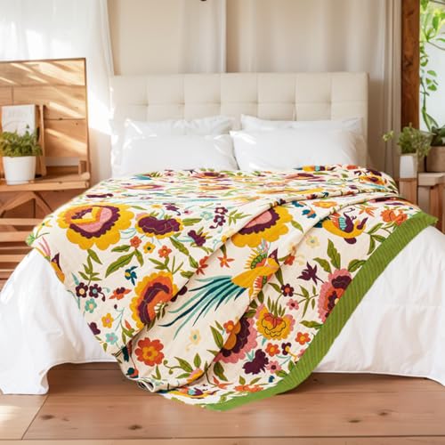 Boho Throw Blanket 50" x 60", 100% Organic Cotton Skin-Friendly Soft Bed Quilt Throw - All Season Floral Rustic Farmhouse Decor Luxury Blanket for Sofa Couch Chair and Gift.