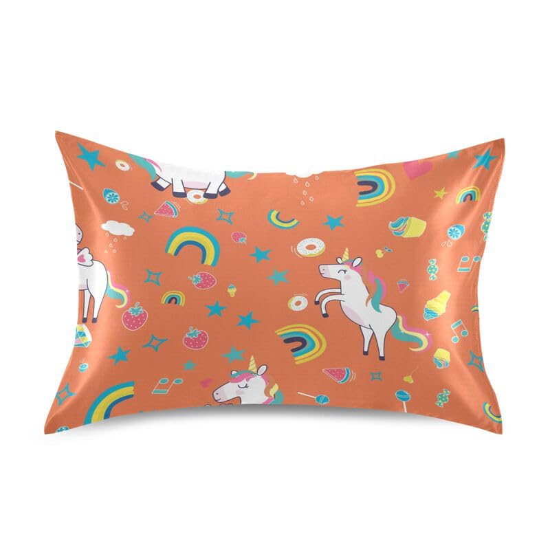 Funda de almohada rectangular de 50,8 x 76,2 cm, diseño de unicornio, naranja, animal, arcoíris, estrellas, fresa, tamaño Queen