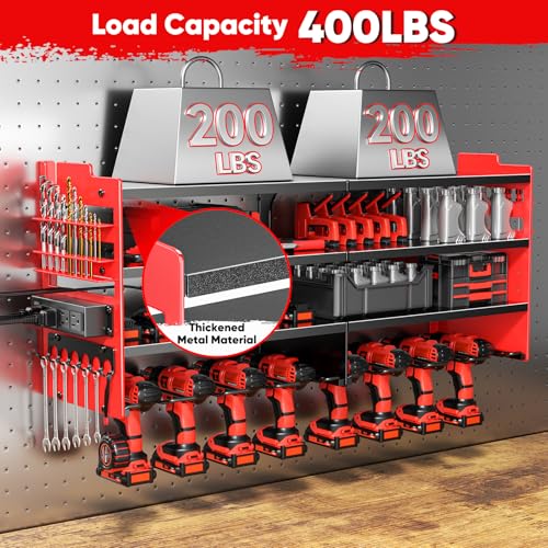 POKIPO Large Power Tool Organizer Wall Mount with Charging Station,4 Layer Heavy Duty Metal Tool Storage Shelf Loads 600lbs,Battery Utility Rack With 4 Outlet Power Strip with 8 Cordless Drill Holder - Image 4