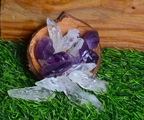 Image of Natural Healing Crystal Gemstones Rough Gemstones Combo: Amethyst And Clear Quartz Stones