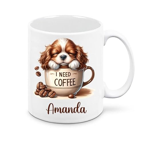 Mr. Gadgets Taza de cerámica de 350 ml con dibujo de perro en taza I Need Coffee - Personalizable con nombre (Cavalier King)
