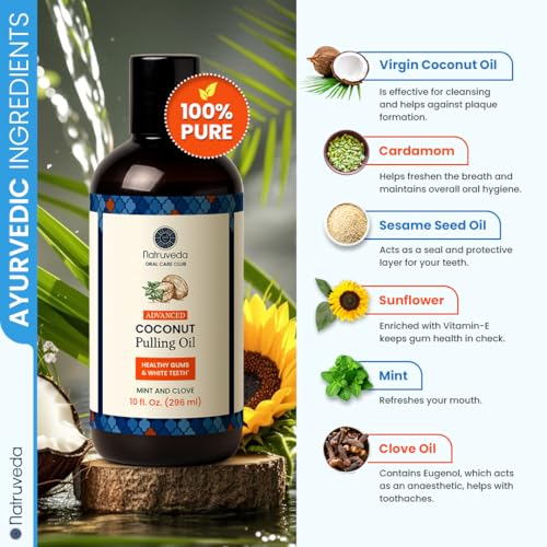 Image of Natruveda Coconut Oil Pulling Mouthwash - Natural Whitening Ayurvedic Rinse | Fresh Mint Blend | Coconut Oil Pulling for Teeth & Gums | Whyte Oil Pulling | Aceite de Coco para Los Dientes -10 oz