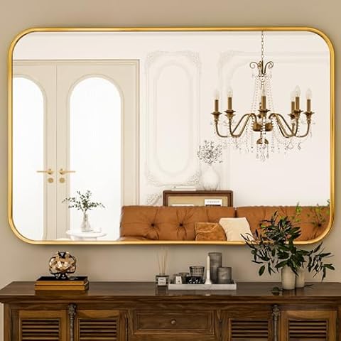 HARRITPURE Rectangular Bathroom Mirror 40''x30'' Gold Bathroom Wall Mirror Aluminum Frame Wall-Mounted Mirrors for Entryway Bedroom Living Room Cover