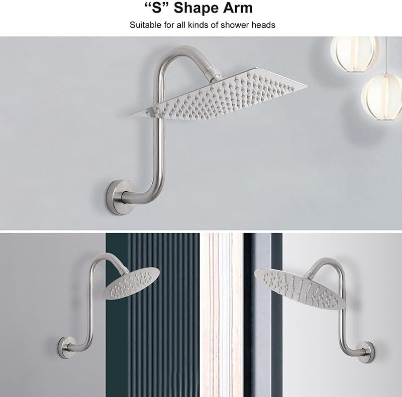 S Shaped Shower Arm Standard 1/2" Connection with Flange High Rise Shower Head Extension Pipe Shower Arm Extender Wall Mounted Bathroom Accessories Stainless Steel (Brushed) image 5