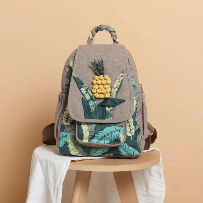 Image of Womens Cotton Hemp Cloth Backpack Boho Vintage Embroidered Casual Purse Handbags Messenger Bag Pineapple