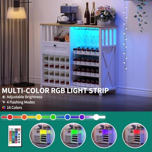 DWVO 47" Wine Bar Cabinet with LED Lights and Power Outlets, Modern Liquor Cabinet with Storage and Drawer, Bar Table with Wine Rack for Kitchen Dining Living Room, Washed White
