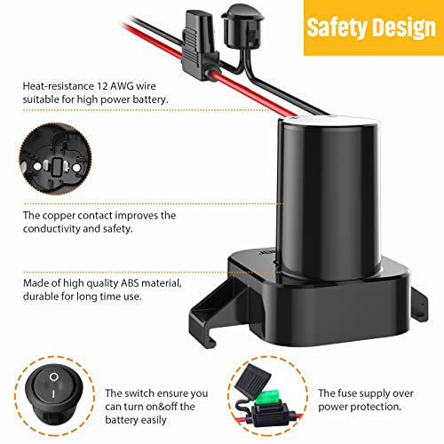 Power Wheel Adapter with Fuse & Switch, Secure Battery Adapter for 18V XRP Lithium Battery, with 12 Gauge Wire, Good Power Convertor for DIY Ride On Truck, Robotics, RC Toys and Work Lights