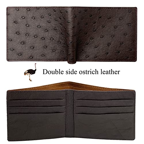 Dark Brown Ostrich Leather Slim Bifold Wallet Double Side Exotic Wallet Multiple Pocket Holder Passcase RFID Blocking Security Handmade Gift For Men VINAMOS-033
