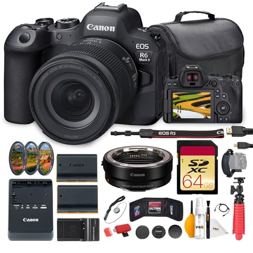 Canon EOS R6 Mark II Mirrorless Camera w/ 24-105mm f/4-7.1 is STM Lens Bundle | 24.2MP Sensor, Dual Pixel AF II & 4K 60p Video| for Events & Hybrid Creators + Adapter EF-EOS R + 64GB Card + More