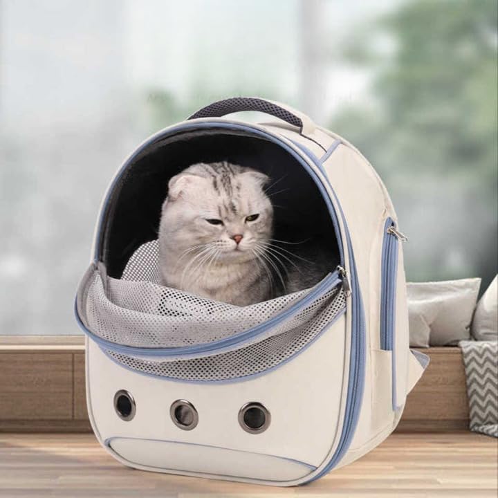 Image of Cawypety Cat Backpack Carrier, Breathable Cat Carrier Pet Backpack for Kitty Small Dog Up to 15Lbs, Transparent & Foldable Pet Carrier for Travel Hiking (White, Blue)