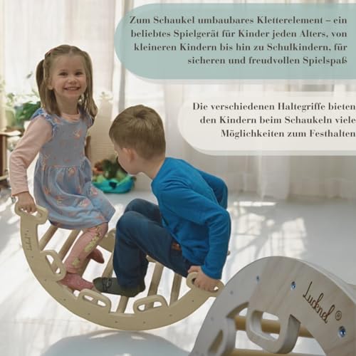 Lucknel® Montessori zestaw do wspinaczki 5 w 1 – trójkąt piklera, łuk wspinaczkowy, siatka do wspinaczki i zjeżdżalnia – plac zabaw dla dzieci od 2+ z dwustronną rampą i drewnianymi puzzlami ABC jako