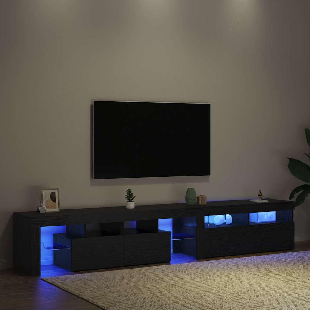 Juego de 2 armarios para TV en aspecto de roble negro, 2 unidades, mueble bajo con iluminación LED, 3 puertas y 4 estantes de cristal, armario para televisión para salón, cine en casa