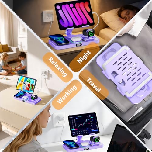 Image of 30W Charging Station for Apple Products, Foldable Wireless Charger with Clock Display&7 Color Light, Wired Charging for iPad /Tablet Charging Station for iPhone17, for Apple Watch11 for AirPods4(Purple