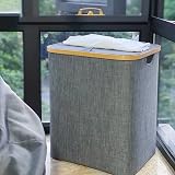 Square Foldable Bamboo Frame Laundry Hamper with Lid, Dirty Clothes Basket, Laundry Room Clothes Org