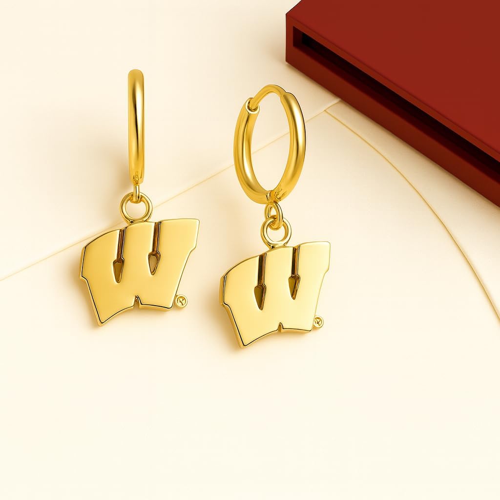 Stone Armory Earrings for University of Wisconsin Jewelry Gifts for Women, Graduation – Stainless Steel Skin-Friendly Wisconsin Badgers Earrings 18K Gold Finish Block W Hoops