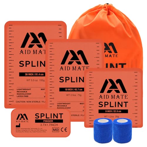 AID MATE First Aid Splint Kit 4 Reusable Malleable Splints (36/18/9/4) + 2 Medical Tapes + Storage Pouch Emergency Fracture Stabilization for Camping Hiking Arm Leg Wrist Ankle Finger EMT