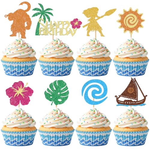 48Pcs Glitter Hawaiian Tropical Ocean Princess Birthday Cupcake Toppers