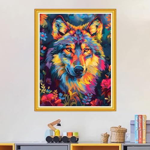 Image of Magxvouy Cross Stitch Kits Stamped Full Range of Embroidery Kits,Cross Stitch Patterns Needlework Kits for Beginners 11CT Printed Kits&Colorful Wolf 16x20 inch