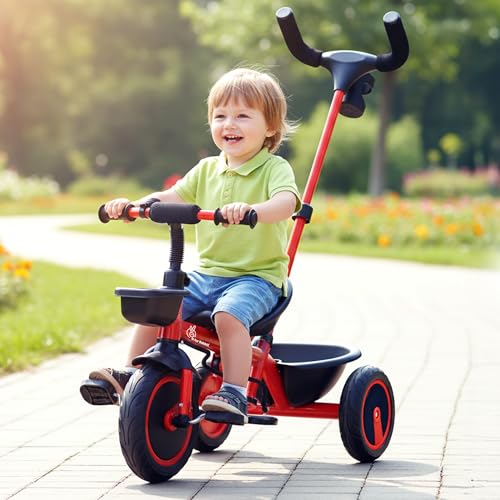 Image of R for Rabbit Tiny Toes R20 Plus Tricycle for Kids with Rubber Wheels, Adjustable Parental Control, Front & Rear Storage Basket | Baby Trike Cycle for 2 to 5 Year, Upto 25 Kgs Boy & Girl (Cherry Red)