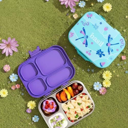 Image of Basil Bento Box Quad - 4 Compartment Stainless Steel Lunch Box with BPA-Free Plastic Lid | 800 ml Leak-Proof Tiffin Box for Kids & Adults | Premium School, Office, and Picnic Lunch Box - Teal Garden
