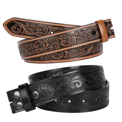 SANSTHS 2 Pack Western Belts without Buckle for Men, Cowboy Belt for Buckle Western Leather Belt Straps for Jeans, Floral Brown & Black