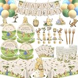 Winnie Bear Birthday Decorations, 193pcs Vintage Pooh Bear Plates Napkins Cups Forks Tablecloths Balloons Banner Hanging Swirls Cupcake Toppers for Boy Girl Classic Winnie Birthday Party, 25 Guests