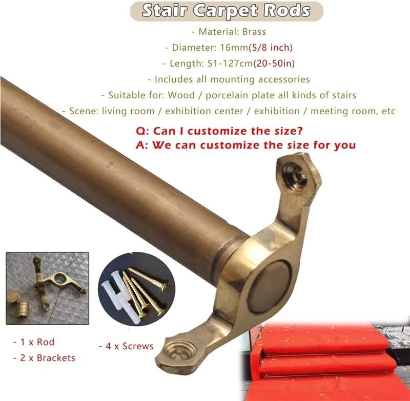 Gold Stair Rods for Carpet Runners - 3 Pcs Antique Brass, Customizable Lengths (24-50 in), Easy to Install Tubular Rods to Secure Stair Carpet (36 in)