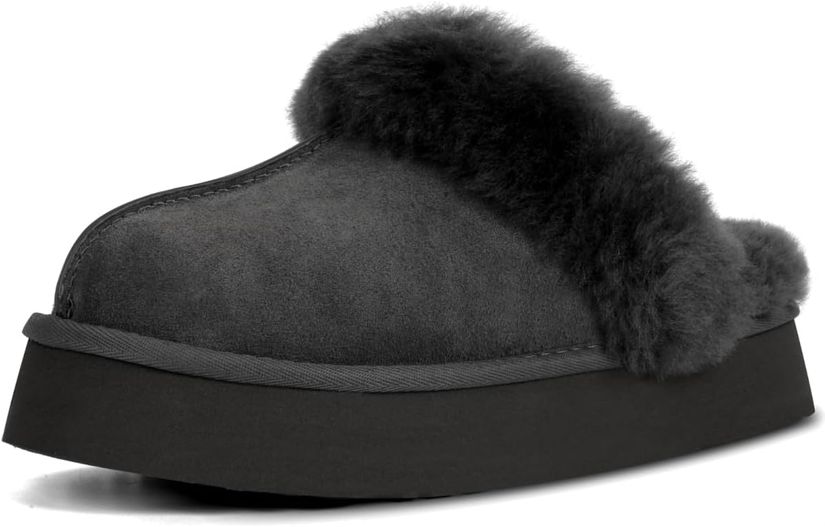 OOW Fuzzy Platform Slippers for Women - Women's Casual Winter House Slippers - Brown, Faux Fur & Shearling Blend - Women's Size