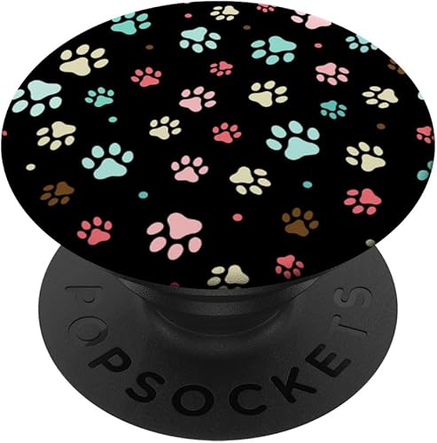 Patrón colorido lindo de la huella de la pata sobre fondo negro PopSockets estándar PopGrip