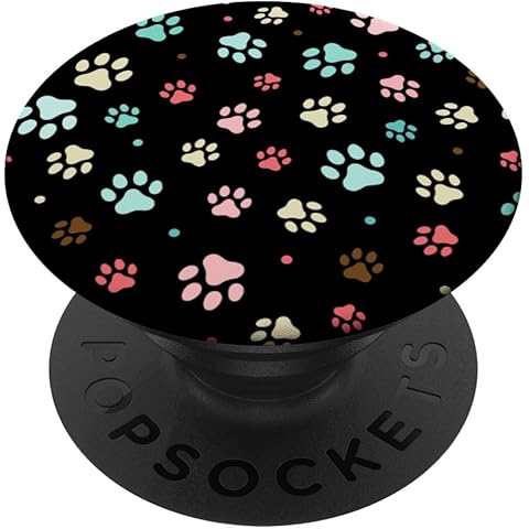 Cute Colorful Paw Print Pattern On Black Background PopSockets Adhesive PopGrip