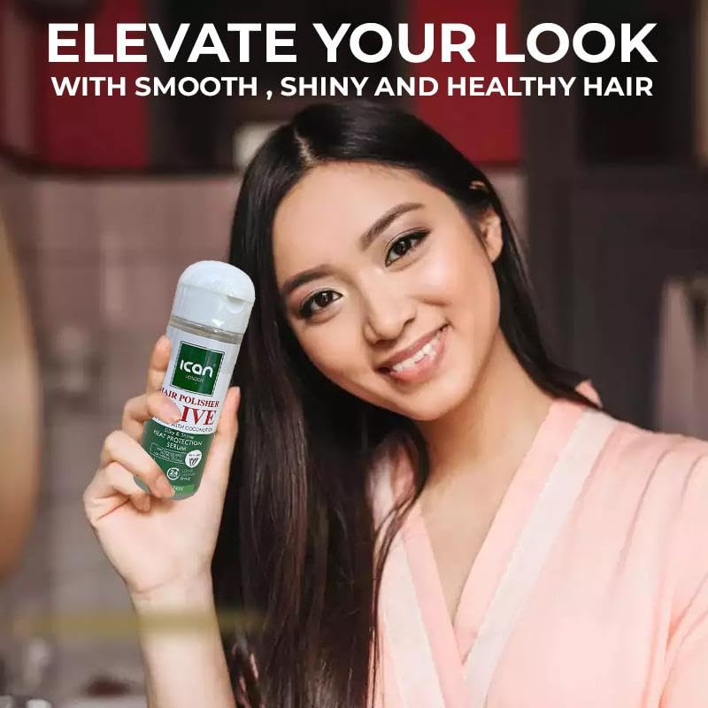 ican London Hair Polisher Olive Oil Infused With Coconut Oil Heat protection Serum Alcohol Free 207ml, 207 ml (Pack of 1) - Image 3
