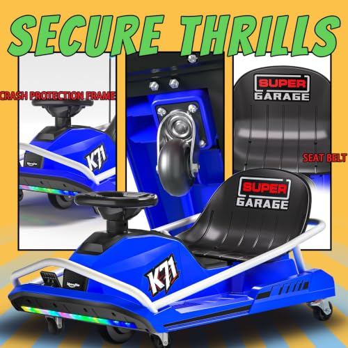 KerryYoo K71 24V7AH Electric Drift Kart for Kids Ages 6-12, 300W Brushless Motor Go Kart with 12 MPH Max Speed, High/Low Speed Modes, 360° Drift Ride On Crazy Kart, 130 lbs Capacity - Blue — view 4
