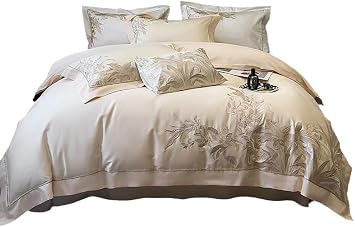 4 Piece Duvet Cover Queen Size Luxury Silk Bedding Set 120S Super Soft Embroidered Sheet and 2 PillowcasesQueen