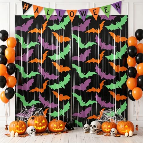 Image of TONIFUL 2Pcs Black Bat Metallic Tinsel Foil Fringe Curtain Door Streamers | 3.3ftx6.6ft Photo Booth Curtain Backdrop with Green Purple Orange Bat Print for Halloween Spooky Birthday Party Decorations
