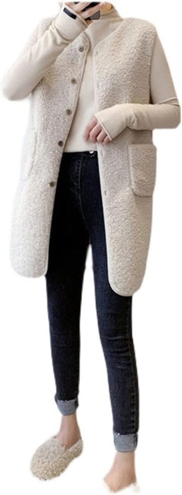 JQAMJQAM Fleece Gilet for Women,Lightweight Gilets Jacket & Cozy Sleeveless Stand Collar Zip Waistcoat Vest with Pockets (Color : White, Size : Large)