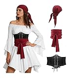 Disfraz Pirata Mujer Adulta Vestido Medieval Mujer Vestido Blanco Accesorios Piratas Bandana Corsé Negro para la Cabeza Disfraces de Halloween Carnaval