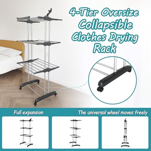 BURAKH 4-Tier Adjustable Stainless Steel Clothes Airer Drying Rack - Foldable (vertically), Rolling, Indoor & Outdoor Clothes Rail, Coat Stand, Laundry Hanging Rack - Image 3